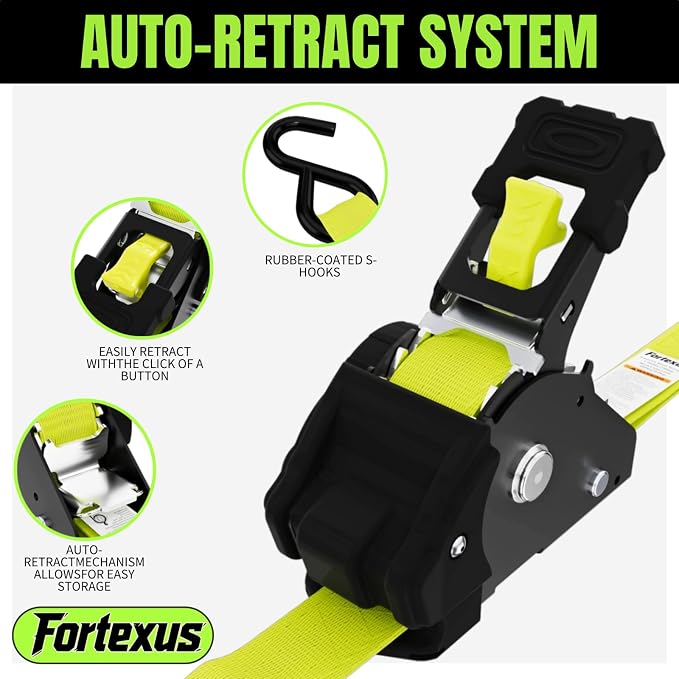 Retractable Ratchet Straps, 4-Pack, 1 Inch x 12 Feet, 1,760lb Break Strength, Self Retracting Tie Down for Truck, Cargo Trailer, Motorcycle, ATV, UTV (Yellow, 4pack)