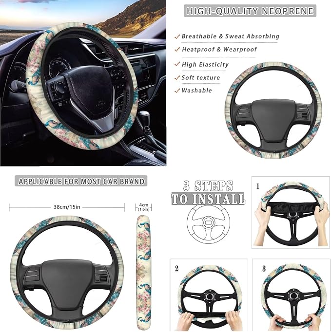 Suobstales Peacock Flower Print Car Accessories with Car Front Rear Split Seat Covers, Seat Belt Pads + Steering Wheel Cover + Coaster + Keyrings for Women Set of 11-Pcs