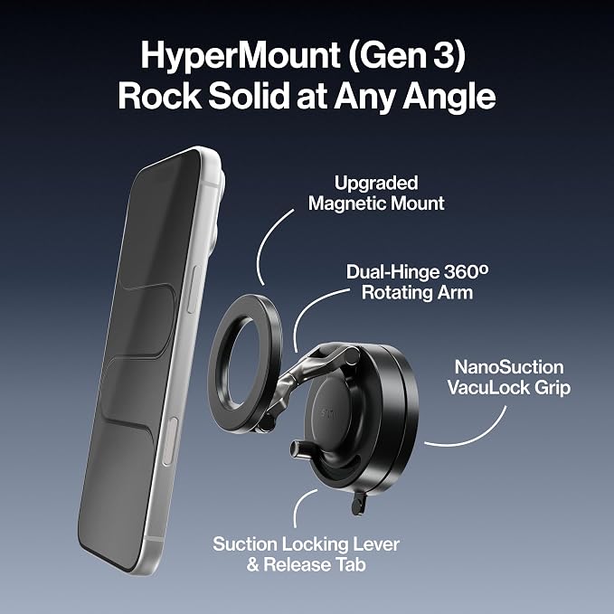 Statik HyperMount (Gen 3) Phone Mount - Magnetic Phone Holder, Car Phone Mount for Phone Works on Smooth & Lightly Textured Surfaces, Compatible with Apple MagSafe, Metal Rings Included for Android