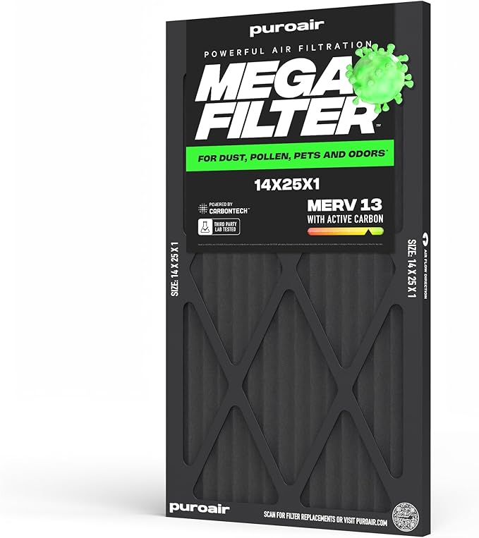 PuroAir MegaFilter - 14x25x1 Air Filter MERV 13 Activated CarbonTech Defense - Heavy Duty 3 Layer Furnace Filters Allergens, Pollen, Dust, Pet Dander, Smoke, Odors - HVAC Air Filter 14x25x1 (1-Pack)