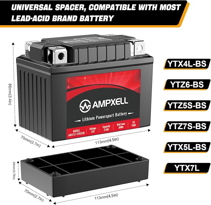 YTZ5S/YTX4L-BS Lithium Motorcycle Battery 12V 2.5Ah 150A Replacement YTX5L-BS Powersport Battery, Motorcycle, ATV, UTV, Moped, 4 Wheeler and Generator Battery etc,Polarity [- +]