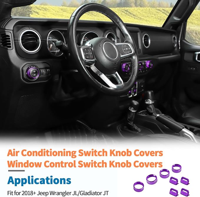 JeCar 8-Piece Aluminum Switch Button Knob Covers for 2018-2025+ Jeep Wrangler JL JLU & Gladiator JT Window Switch Button Cover, Radio, Air Conditioner, Headlight Switch Knob Cover (Purple)