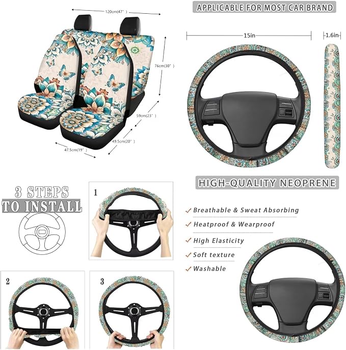 Suobstales Boho Butterfly Mandala Print Car Seat Covers Set of 13 with Universal Steering Wheel Cover, Rearview Mirror Cover, Car Trash Can, Seatbelt Pads, Cup Holder Coasters, Keychains