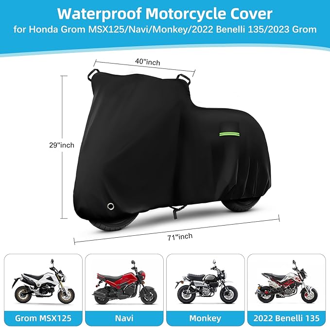 Motorcycle Cover Waterproof for Honda Grom MSX125/Navi/Monkey/2022 Benelli 135/2023 Grom, Heavy Duty Outdoor Sun UV Rain Dust All Weather Protection Motorbike Cover with Soft Cotton Lining & Lock Hole