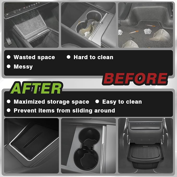 BestEvMod for 2026+ Model Y Juniper Refresh 3PCS Console Essentials Bundle Trash Can Backseat Storage Box Garbage Rear Bin Can Rear Center Console Organizer & Wireless Charger Mat & Cup Holder Insert