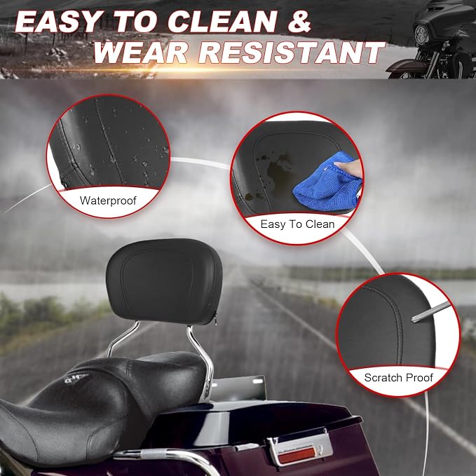 AUFER Detachable Backrest Sissy Bar Upright Passenger Backrest w/Back Rest Pad Compatible With For Touring Road King Electra Glide Street Glide Road Glide FLHR FLHX FLHT FLTR 1997-2008（Chrome）
