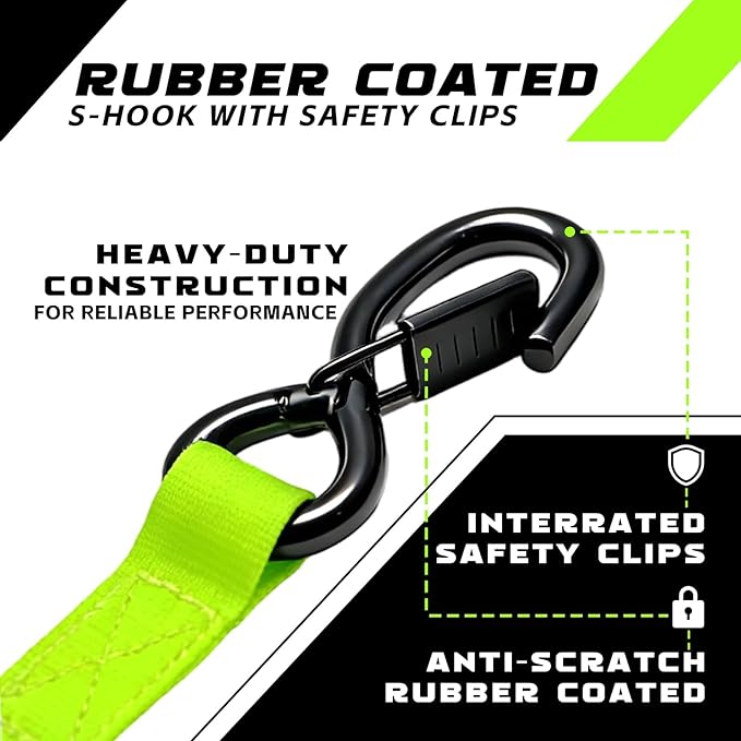 Retractable Ratchet Straps (2-Pack) - Heavy Duty Auto Slow Retraction Tie Down Straps - 1 Inch x 13 Feet (1,800lb Break Strength) for Truck, Cargo Trailer, Motorcycle, ATV, UTV - Fluorescent Green