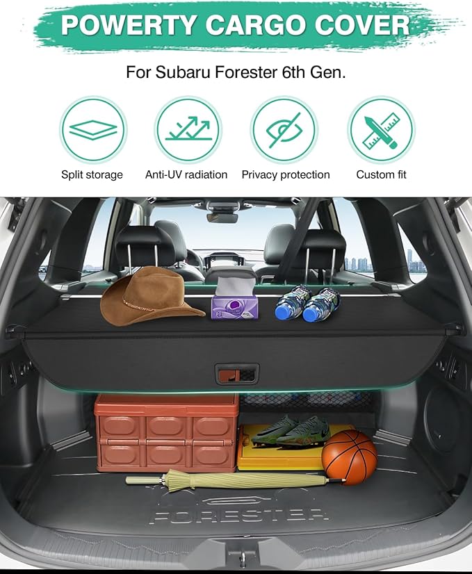 Powerty Cargo Cover for 2025 2026 Subaru Forester Accessories Trunk Cover Retractable Trunk Shielding Shade Cargo Luggage Cover Black