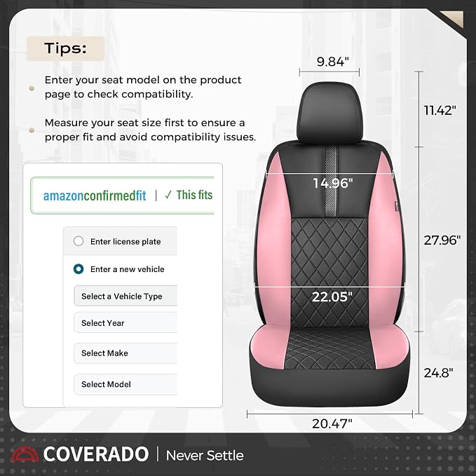 Coverado Car Seat Covers Front Pair, Automotive Leather Seat Covers for Car，Universal Fit Front Back Seat Cover, Non-Slip Waterproof Breathable Car Seat Protector