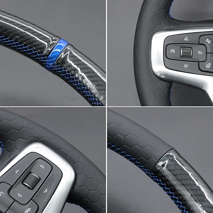 MEWANT Steering Wheel Cover for Chevy Silverado 1500 2019-2024/2500 3500 2020-2024/Blazer 2019-2024/Suburban Tahoe 2021-2024 Carbon Fiber Hand-Stitched Steering Wheel Wrap