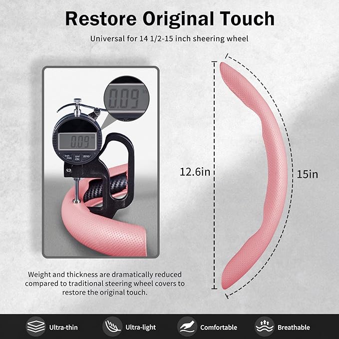 Nappa Leather Car Steering Wheel Cover for Men Women, Ultra-Thin Non-Slip Breathable Microfibre, Universal for 14.5"-15" Steering Wheel - Pink