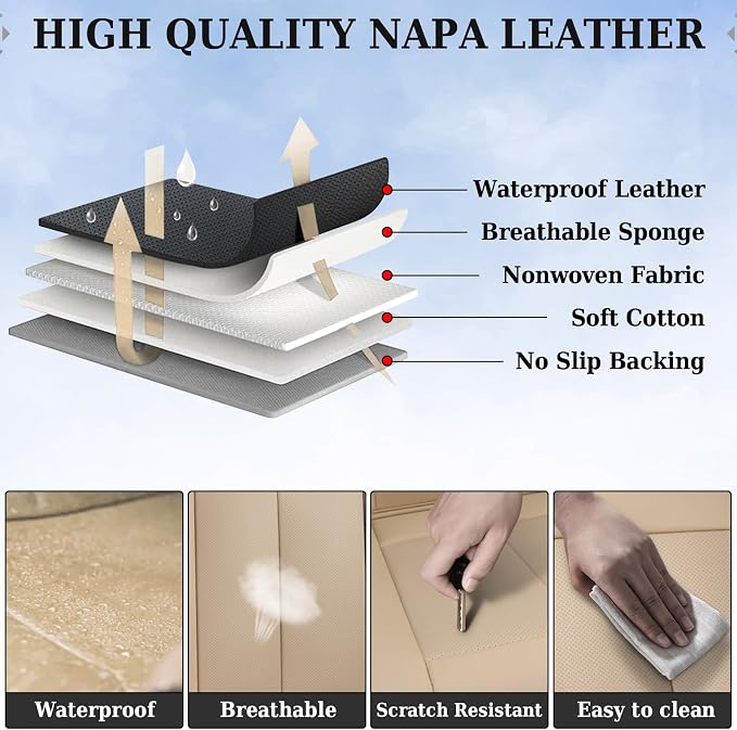 Coverado Car Seat Covers Beige, Backseat Cover for Dogs, Car Seat Protector for Back Seat, Car Seat Cushion Nappa Leather, 3-Pieces Waterproof Seat Covers Carseat Cover Universal Fit for Most Cars