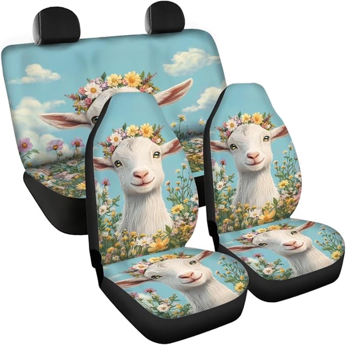 11 Pack Goat Car Seat Covers Set (4 Front Rear Split Bench Seat Cushion Cover/1 Steering Wheel Wrap/2 Coasters/2 Shift Knob Handbrake Protector/2 Seatbelt Pad Wrap, Floral Auto Accessories
