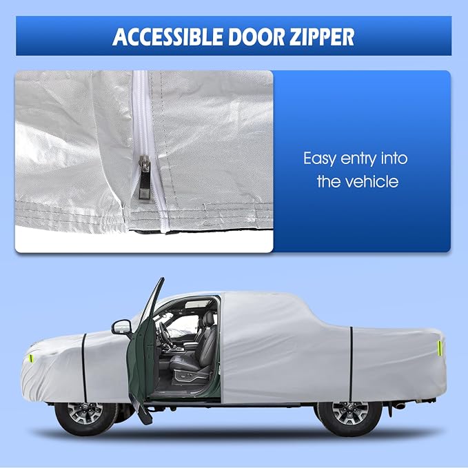 Truck Cover Waterproof All Weather, 6 Layers Pickup Cover with Zipper & Cotton Fit for Toyota Tacoma, Dodge Dakota, Nissan Titan (T2 Fit Truck Length Up to 230 inch), Silver