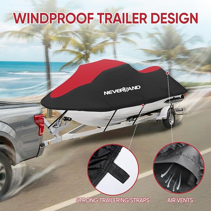 NEVERLAND Jet Ski Cover Suitable for 2 3 Seater Jetski Covers Heavy Duty Waterproof with 2 Air Vent Marine Grade UV Resistant Compatible with Yamaha Sea-Doo Lengths 135'' to 145"(Red)