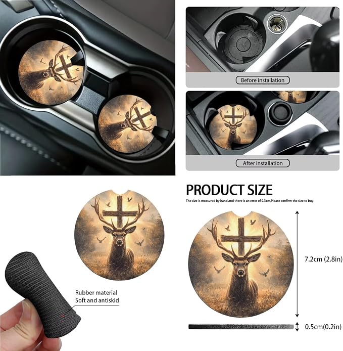Wild Deer with Cross Print 15 PCS Car Accessories, Universal Auto Seat Protector Steering Wheel Cover Seatbelt Strap Covers Trash Can Cup Holders Rearview Mirror Cover Keychain