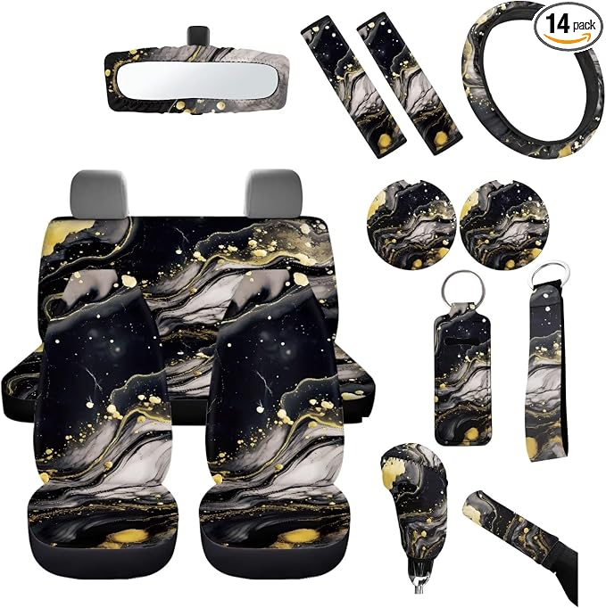 Black Marble Car Seat Covers Full Set for Women Men+Universal Fit Marble Style Automotive Interior Accessory Decoration with Steering Wheel Cover+Keyring+Cup Mats+Rear View Mirror Cover