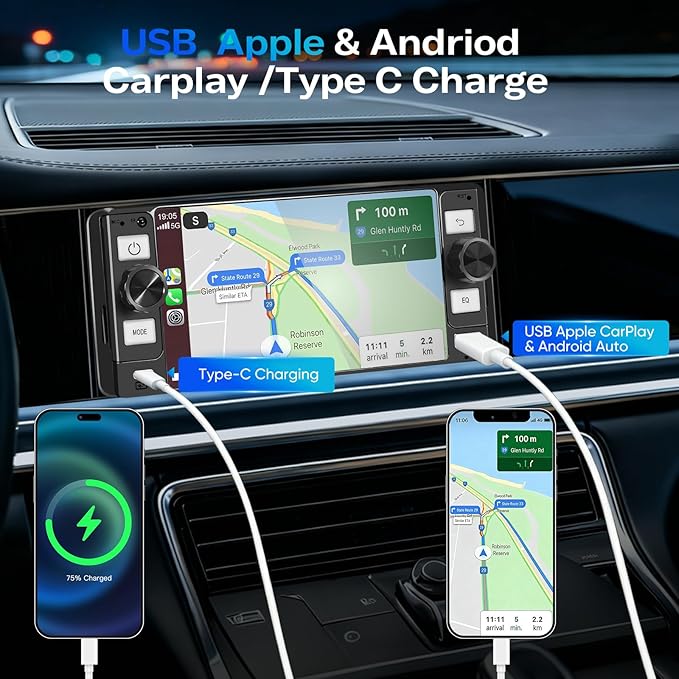 DINRGO Single Din Car Stereo - 6.5" Car Radio with Wireless Apple CarPlay Android Auto,Touchscreen Radio Bluetooth 5.2 Support Mirror Link,Backup Camera GPS USB & Type-C Fast Charging FM EQ MIC