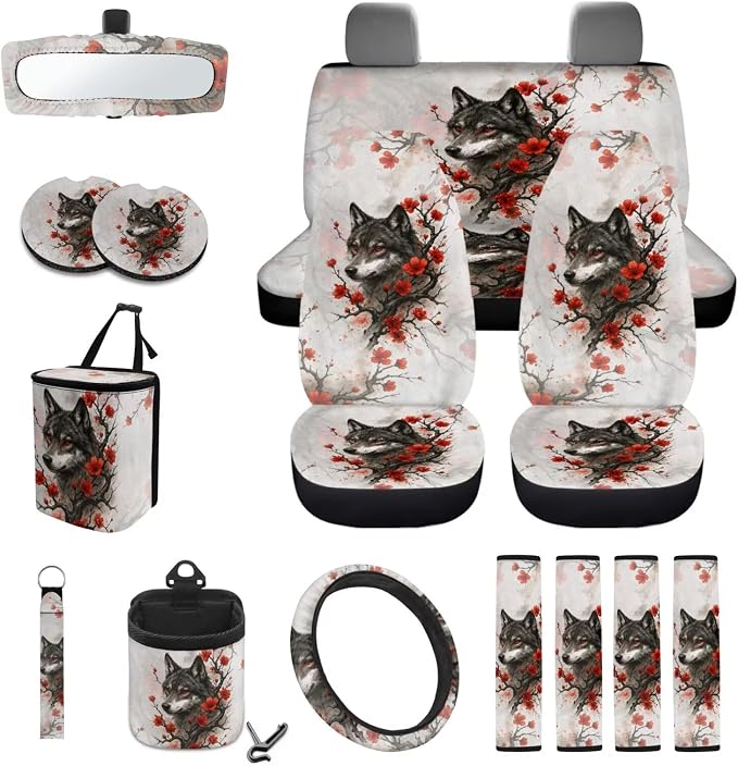 Wolf Plum Blossom Pattern Car Accessories Set of 15, Full Set Seats Covers Auto Streering Wheel Cover Trash Bin Seat Belt Covers Keychain Coasters Air Vent Storage Bag