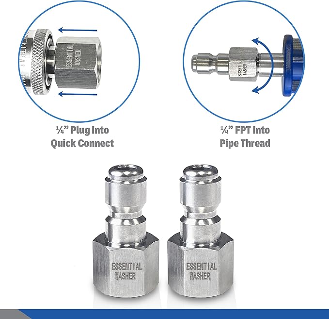 Essential Washer Stainless Steel ¼” Plug Female NPT | Pressure Washer Quick Connect Fittings | 5000 PSI | Set Of 2