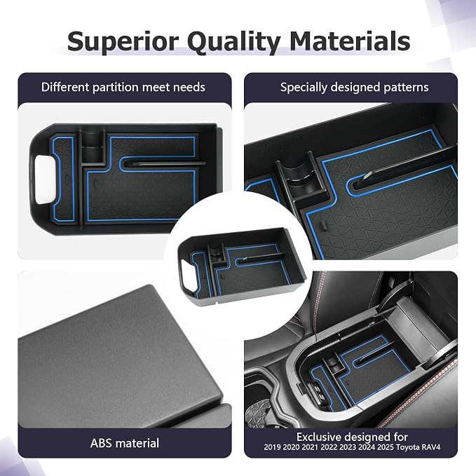 LUWU 2025 RAV 4 Center Console Organizer Compatible with 2019 2020 2021 2022 2023 2024 2025 Toyota RAV 4 Accessories Armrest Console Secondary Storage Box Insert Tray ABS Material Blue