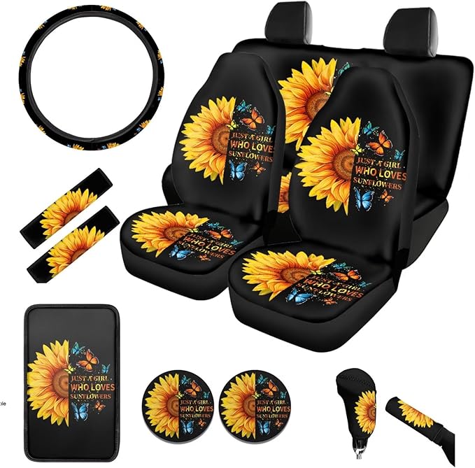 BIGCARJOB Sunflower Print Seat Covers Set for Car Front Rear 12 Pcs Art Sunflower Print Car Seat Cover Full Set with Steering Wheel Covers,Seat Belt Cover,Armrest Pads