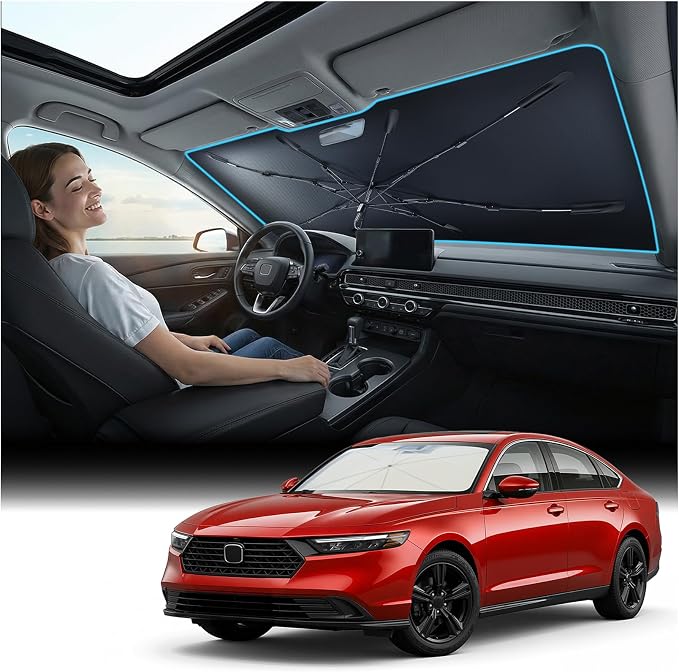 [Upgraded] Nmoiss Windshield Sun Shade Umbrella, [Vinyl Coating Heat Shield] Protect Car from Sun Rays & Heat Damage Keep Cool and Protect Interior, Spring Structure Edge, Standard Small