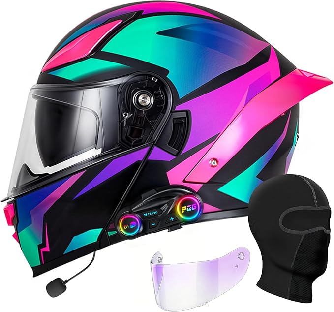 Bluetooth Motorcycle Helmet, Full Face Flip Up Modular Motorcycle Helmet with Bluetooth intercom headsets, DOT Approved Dual Visor Helmets