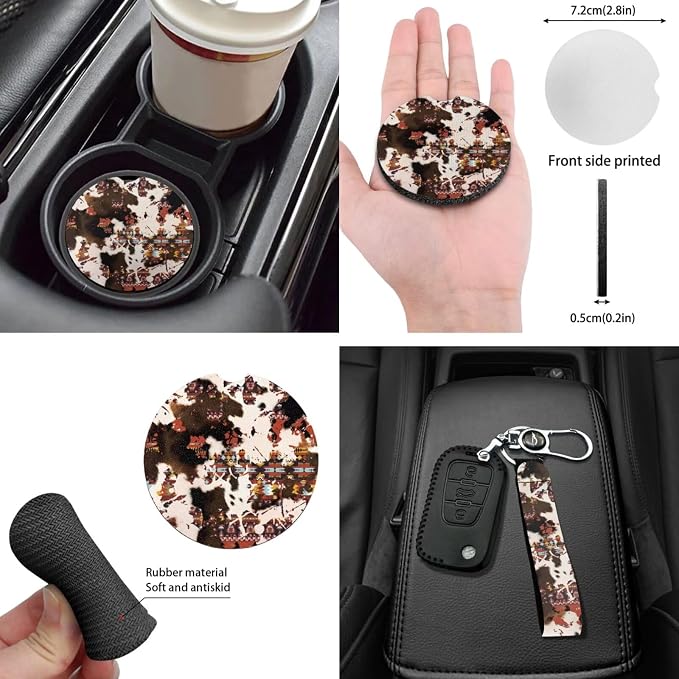 Set of 14 Car Seat Covers Full Set Southwestern Tribal Cow Car Seat Covers Brown Steering Wheel Cover Coasters Keychain Mirror Cover,Auto Interior Accessory Protector