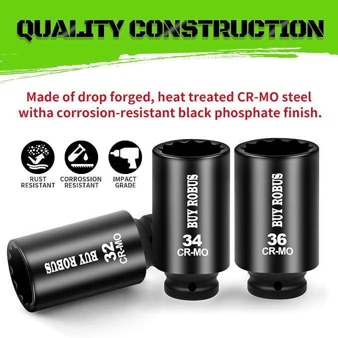 Axle Nut Impact Socket Set, 1/2" Drive Deep 12 Point 8-Piece Metric 29mm, 30mm, 32mm, 34mm, 35mm, 36mm, 38mm, 39mm Socket, Large Socket Set with Storage Case for Auto Repair, Removing