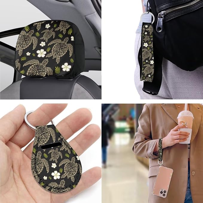 13 Pcs Tribal Sea Turtle Car Seat Covers, Hawaii Tortoise Plumeria Front and Rear Split Bench Seat Covers for Cars, Tropical Frangipane Flower Cup Mat Armrest Pad