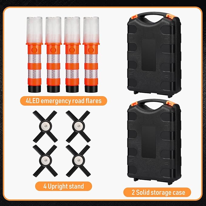 Leumoi 12 Pcs Emergency LED Road Flares Kit Safety Strobe Road Warning Emergency Lights for Vehicles Flares Highway Safety Flashlight with Magnetic Bases Detachable Stands Solid Storage Case Storage