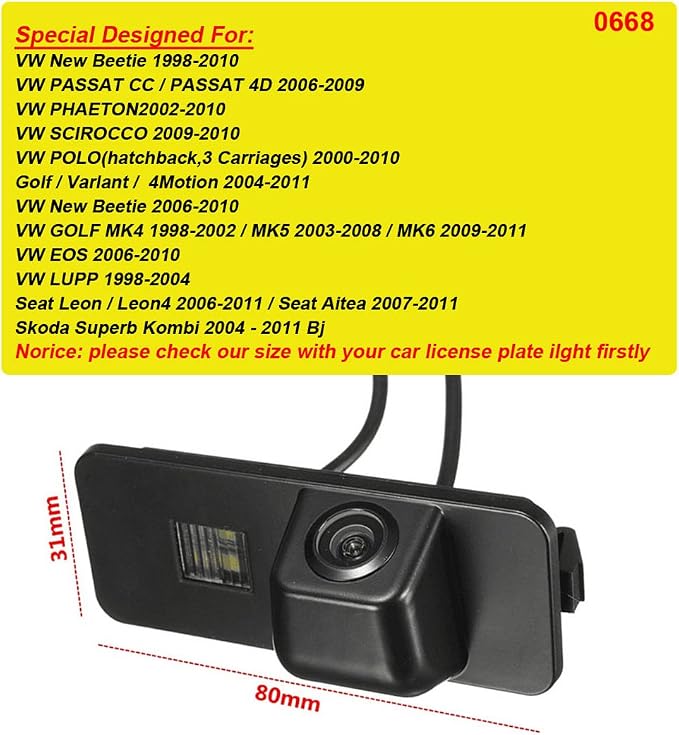 HD Color CCD Waterproof Vehicle Car Rear View Backup Camera, 170° Viewing Angle Reversing Camera for New Beetle Passat 4D Phaeton Scirocco Polo Golf 5 V MK4/MK5/MK6 Variant/EOS LUPP Seat Leon