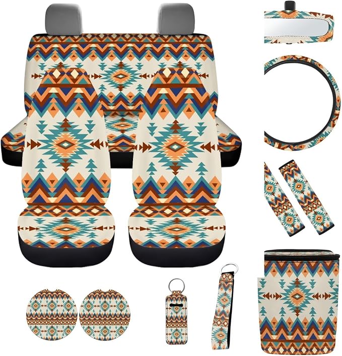 Ethnic Tribes Car Seat Covers Set 12 Pcs Steering Wheel Cover Seat Belt Cover Car Trash Can Rear View Mirror Cover Cup Coasters Keychain Holder Keychains