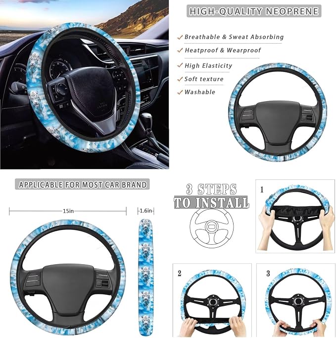Xoenoiee White Tiger Print Front Rear Seat Cover for Car SUV Interior Accessories Set with Steering Wheel Cover, Seat Belt Cover, Auto Coasters, Key Chains, 11 Pcs