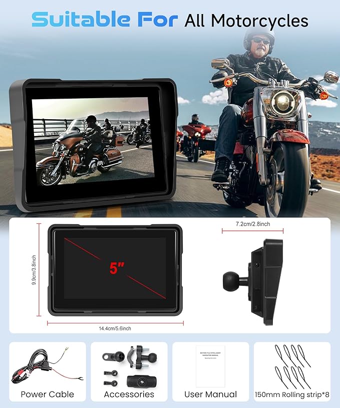 5 Inch Motorcycle Wireless CarPlay GPS Navigation System, Android Auto Portable CarPlay Screen for Motorcycle, Dual Bluetooth Car Play Moto, Si-ri, Goo-gle Assistant, IP67 Waterproof Moto Screen