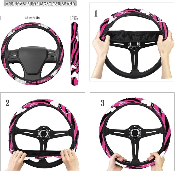 POLERO Butterfly on Zebra Car Seat Covers for Women Pink Car Accessories 11pcs Cute Steering Wheel Cover Set with Seatbelt Protector Pads