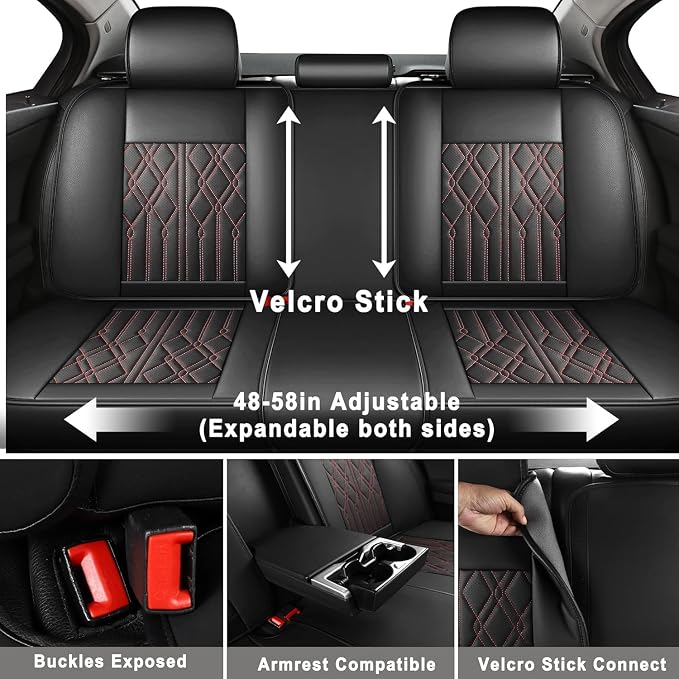Huidasource Back Seat Covers for Car, Waterproof Universal Fit Rear Seat Covers Split Bench Car Seat Covers, 60/40 Seat Cover for Most Sedan SUV Pickup Truck (Back Row/Black&Red Line)