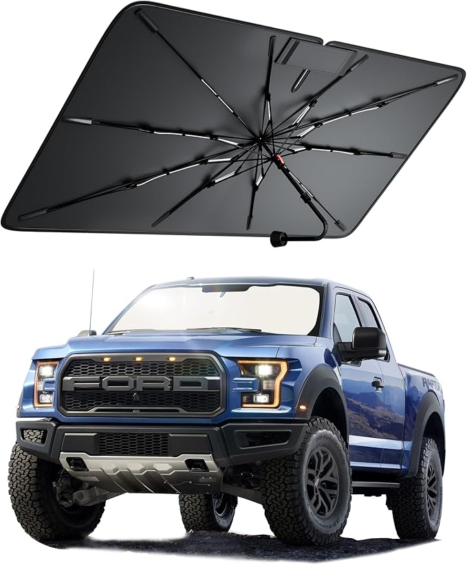 Truck Windshield Sun Shade for Ford F150 2015–2026, Foldable Umbrella Sunshade with 100% UV Block, Multi-Layer Heat Insulation, Reinforced 10-Rib Frame, Summer Car Accessory, Silver