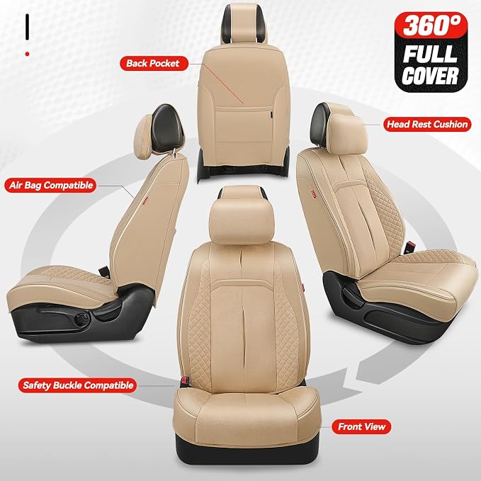 Auto Dynasty Car Seat Covers Front Set, Anti-Slip Automotive Interior Covers with Storage Pocket, Breathable Car Seat Protectors, Airbag Compatible, Universal Fit Most Vehicles, Beige (Voris Series)