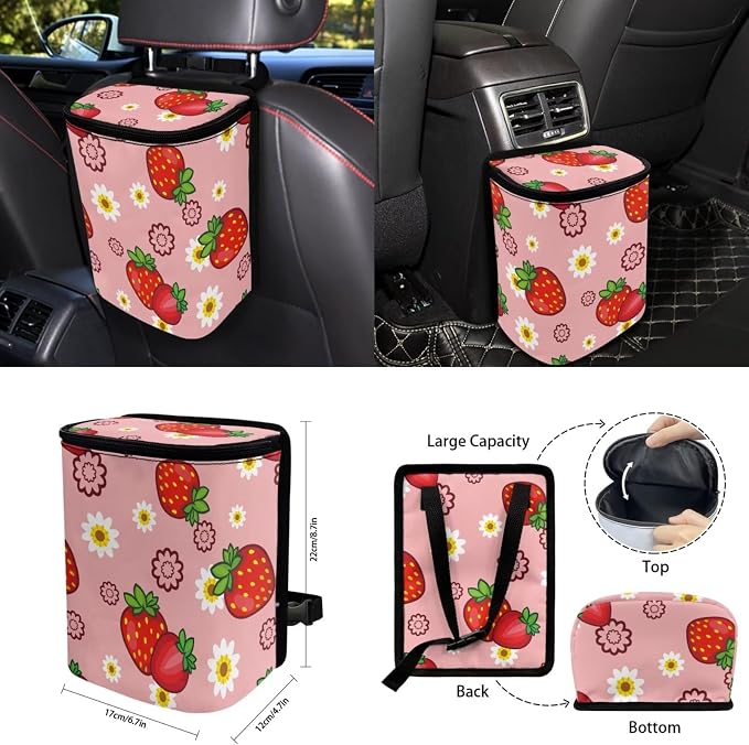 Strawberry Floral 15 PCS Car Seat Cover Set with Auto Steering Wheel Cover Seat Belt Strap Protector Cup Holder Trash Bag Rear View Mirror Protector Keychain