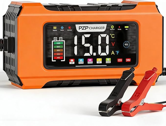PZP 15-Amp 12V/24V Smart Battery Charger, Maintainer & Trickle Charger for LiFePO4, Lead Acid Batteries - Fully Automatic 9-Stage Charging w/Temp Compensation for Motorcycle Car Truck Lawnmower Boat