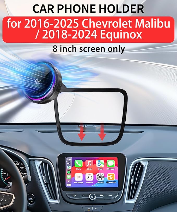 Qi2.2 25W Magnetic Car Mount Charger for 2016-2025 Chevrolet Malibu / 2018-2024 Equinox Accessories, for Fast Charging Cell Phone Holder 8 Inch Screen Fixed Clip with Cooling Fan