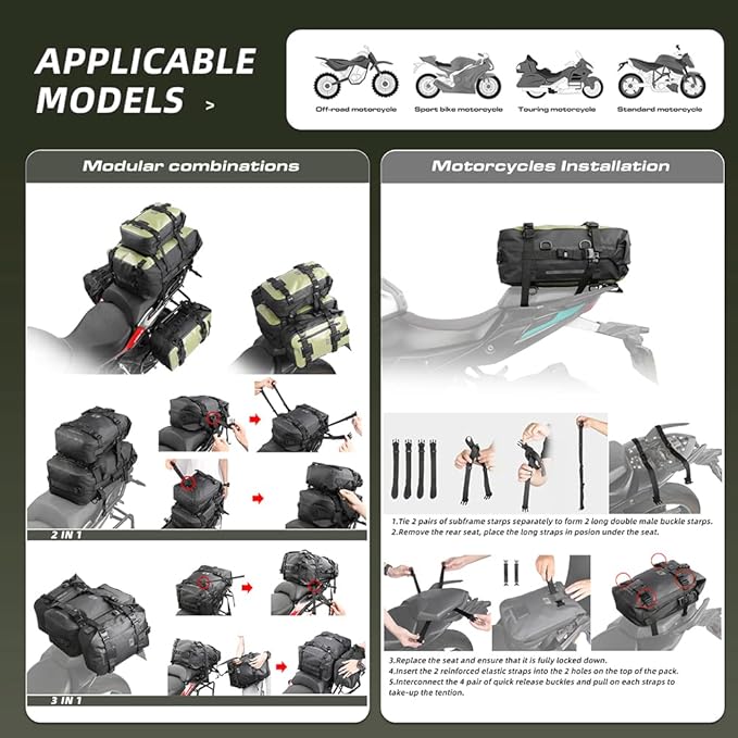 Rhinowalk Motorcycle Tail Bag Motorbike Side Bag 15L Full Waterproof Motor Saddle Pannier Bag Rear Rack Trunk Professional Motor Accessories-Green