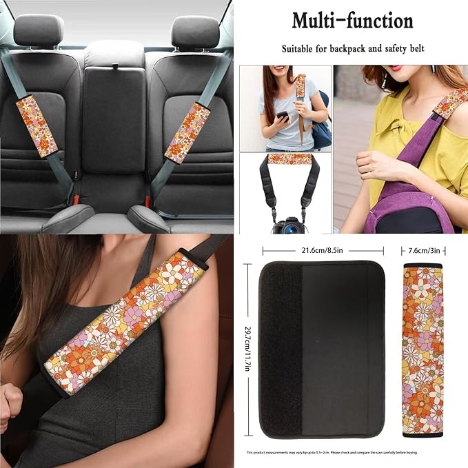 Car Seat Covers 13PCS Car Accessories Steering Wheel Covers+Seat Belt Pads+Coaster+Key Ring+Lipstick Holder Auto Interior Decor,Black, Vibrant Hippie Floral Print