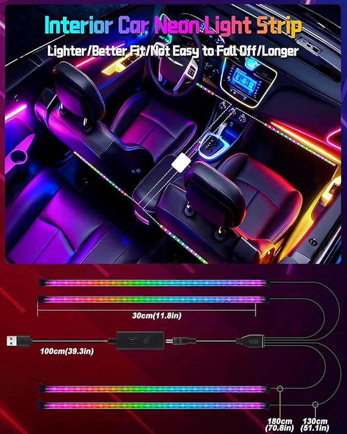 72 LED USB Interior Car Strip Lights Dream Color RGB-IC 12V DC with App RF Remote Control Multicolor Footwell Under Dash Chasing Inside Light Kits Music Sync Mode LED Lights for Cars Truck ATV UTV