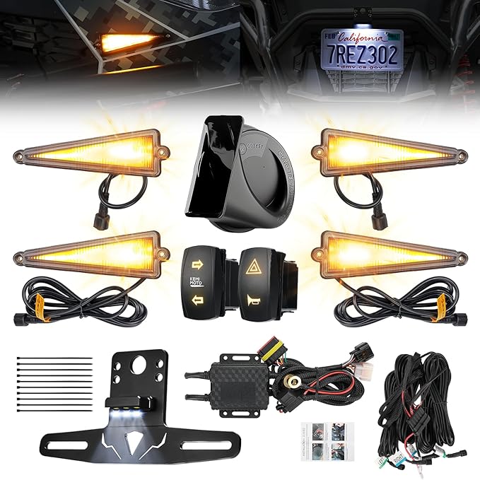 KEMIMOTO 4 Triangle UTV Self Cancel Turn Signal Light Kit with 110D Horn and License Plate Holder with Light, UTV ATV Blinker with Rocker Switch Compatible with Polaris, Can-Am, Teryx, CFMOTO