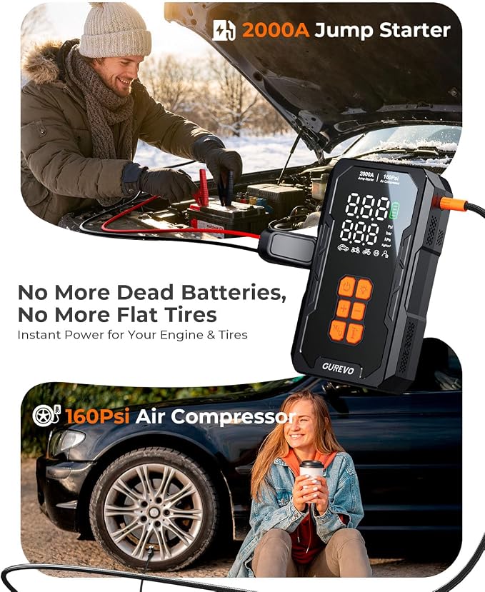 2000A Jump Starter with Air Compressor, Car Battery Jumper Starter Portable with 160PSI Auto-Shutoff Tire Inflator, Car Battery Charger Jump Box for 8.0L Gas/6.0L Diesel Engines