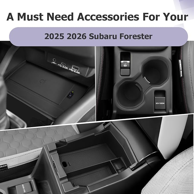 LUWU for 2025 2026 Subaru Forester Accessories for 2025 2026 Forester Wireless Charging Mat - Center Console Cup Holder - Armrest Console Storage Box 3-Pack (Not for 2026 Touring/Wilderness/Premium)