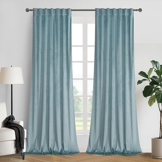 Roslynwood Luxury Soft Eggshell Blue Velvet Curtains 63 inches Long Back Tab Thermal Insulated Blackout Window Drapes for Living Room/Bedroom/Dining Room, W52 x L63, 2 Panels